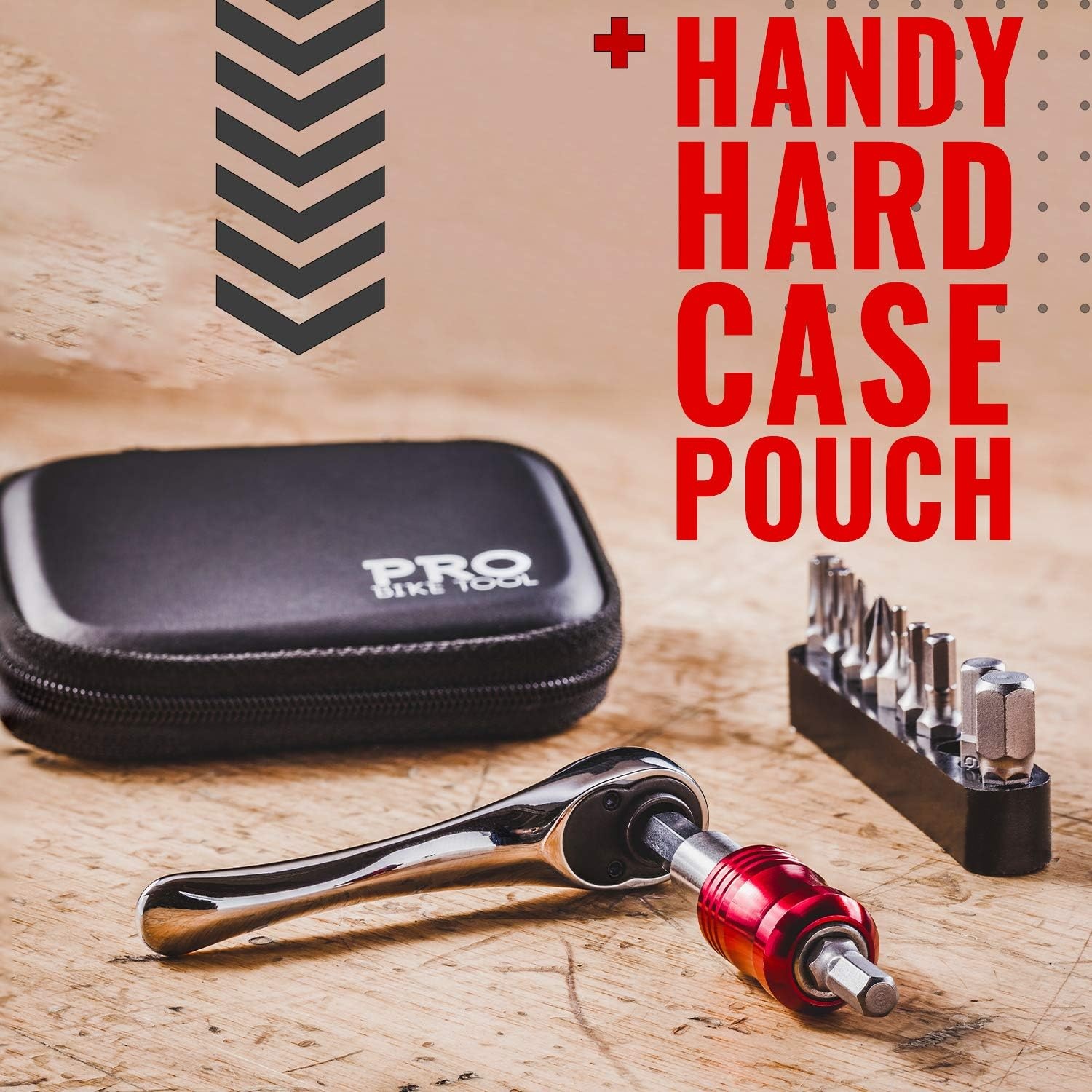 Pro Bike Tool Mini Ratchet Tool Set – Multitool Repair Kit for Road & Mountain Bikes – Bike Accessories – Versatile EDC Tool Box for Your Road Bicycle or Mountain Bike, Home or Work – Hard Case Pouch