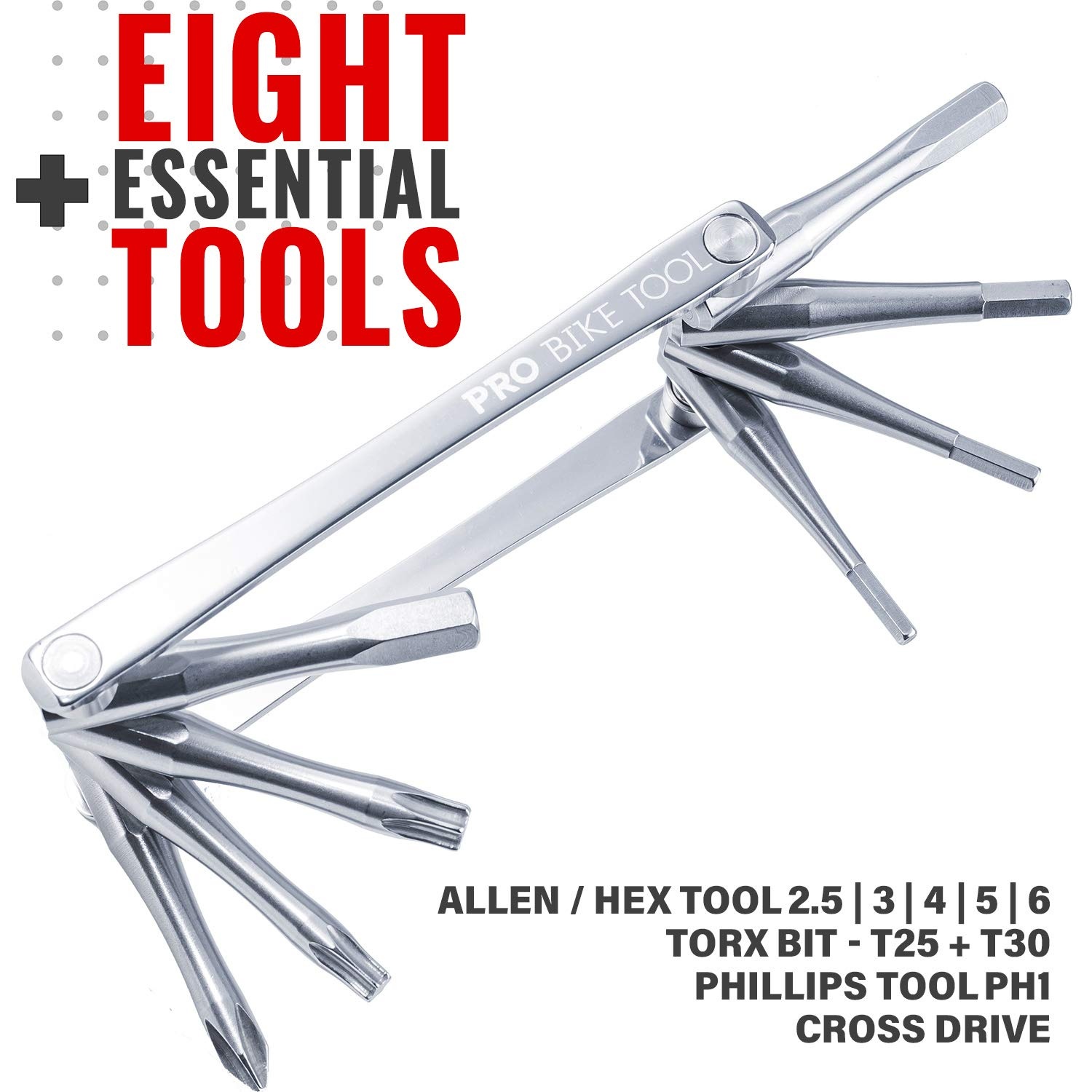 PRO BIKE TOOL Bicycle Multitool – Reliable, Compact and Lightweight Repair Kit for Road and Mountain Bikes – Strong Full Stainless Steel, No Rust, Long Leverage multi-functional Tools, Includes Bag