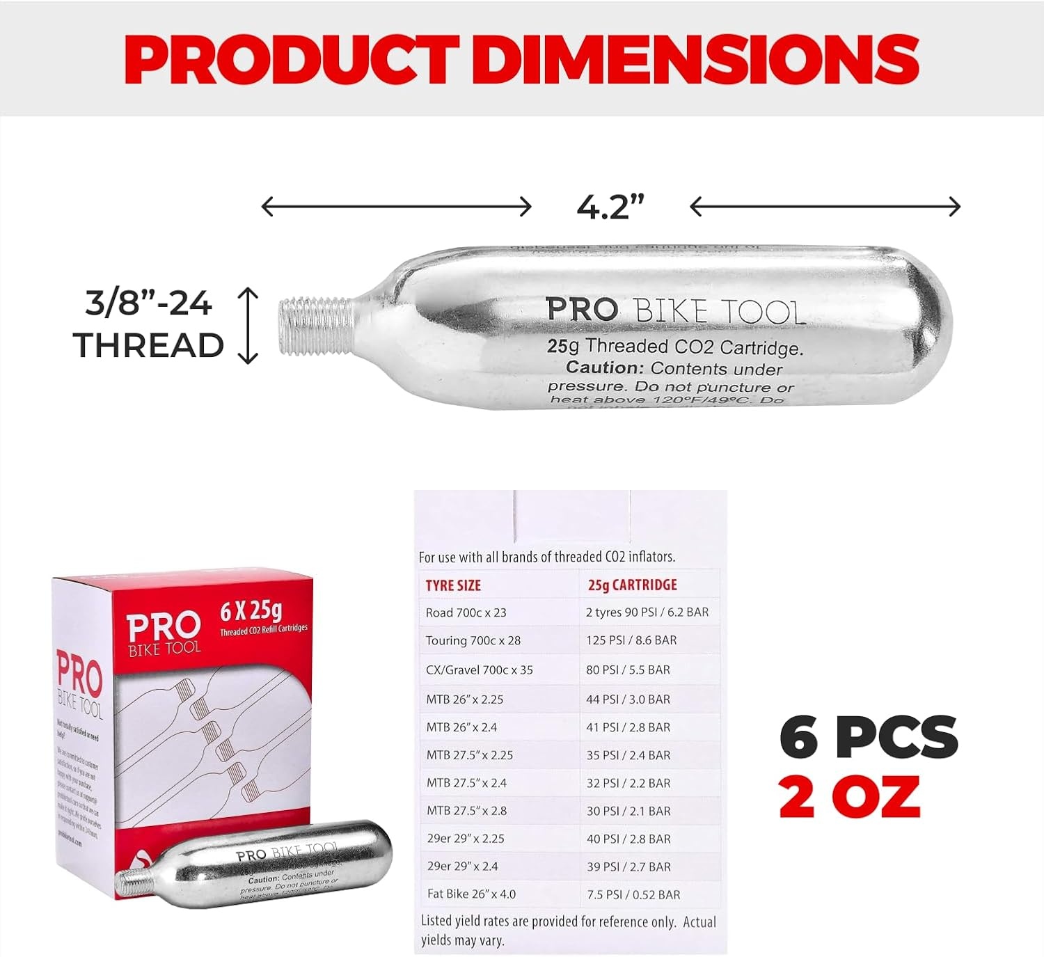 PRO BIKE TOOL CO2 Cartridges – Threaded CO2 Canisters for Bike Tires – Quick Inflation for Road, MTB, Cyclocross, Gravel, Hybrid Bikes – Portable, Durable, Essential for On-The-Go Repairs(25g)