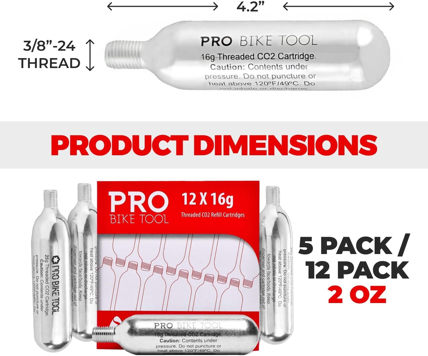 PRO BIKE TOOL CO2 Cartridges – Threaded CO2 Canisters for Bike Tires – Quick Inflation for Road, MTB, Cyclocross, Gravel, Hybrid Bikes – Portable, Durable, Essential for On-The-Go Repairs(16g)