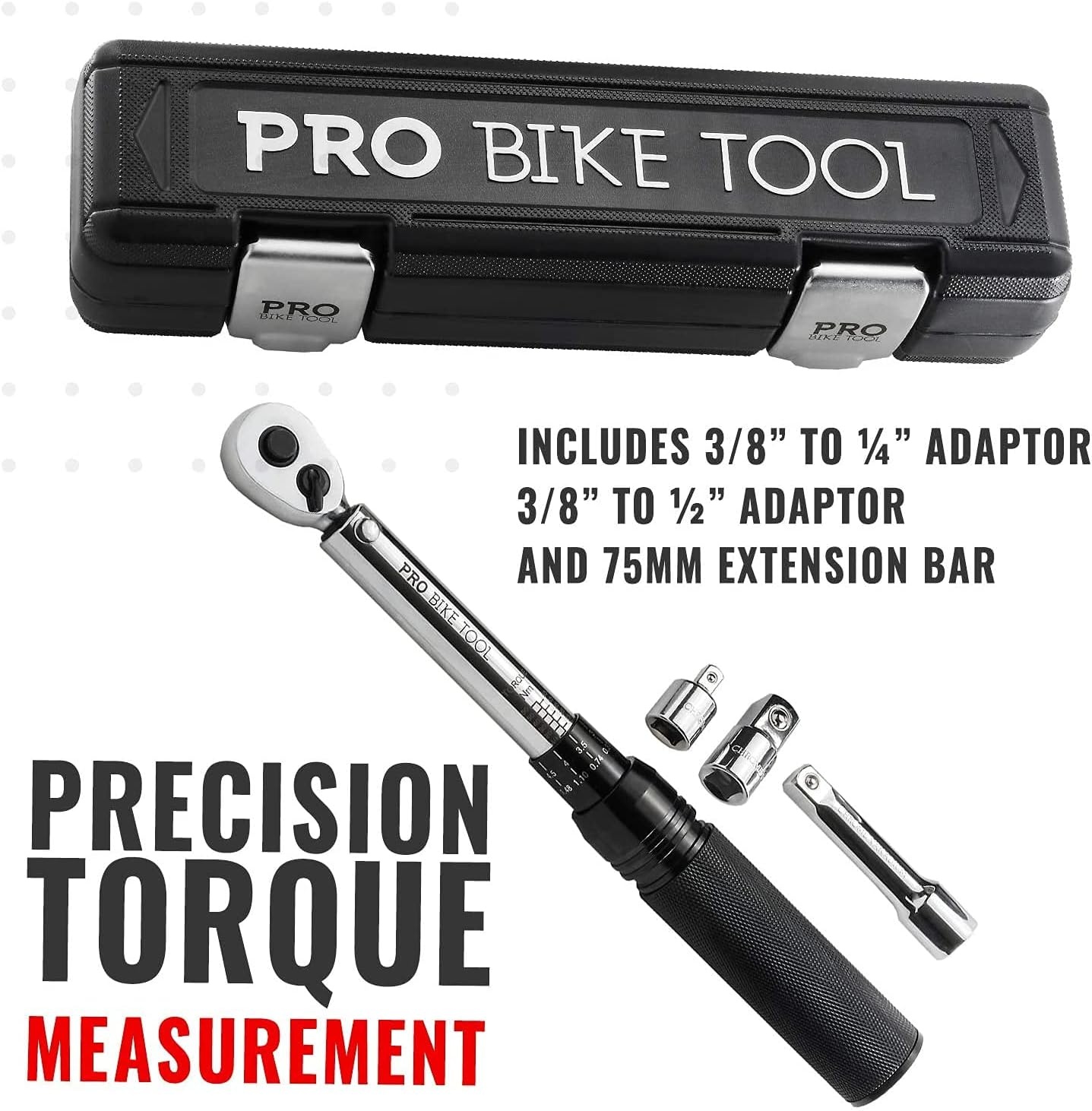 PRO BIKE TOOL 3/8 Inch Drive Click Torque Wrench Set, 10 to 60 Nm – Bicycle Maintenance Kit for Road & Mountain Bikes – Motorcycle Multitool – 1/2″ & 1/4″ Adapters, Extension Bar and Storage Box