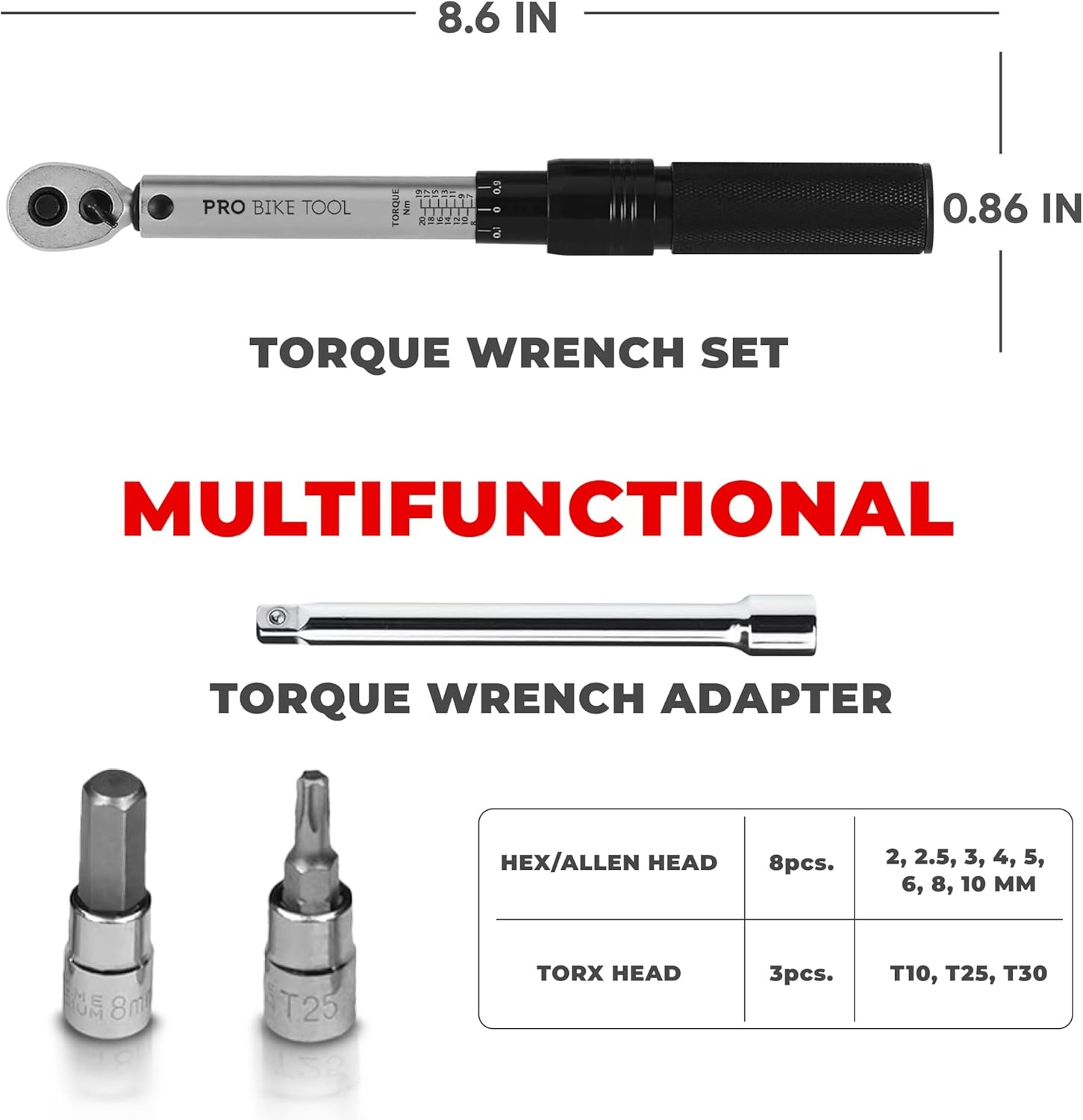 PRO BIKE TOOL 1/4 Inch Drive Click Bicycle Torque Wrench Set – 2 to 20 Nm – Maintenance Kit for Road and Mountain Bikes – Includes Allen and Torx Screws, Extension Bar and Storage Box – ISO Certified