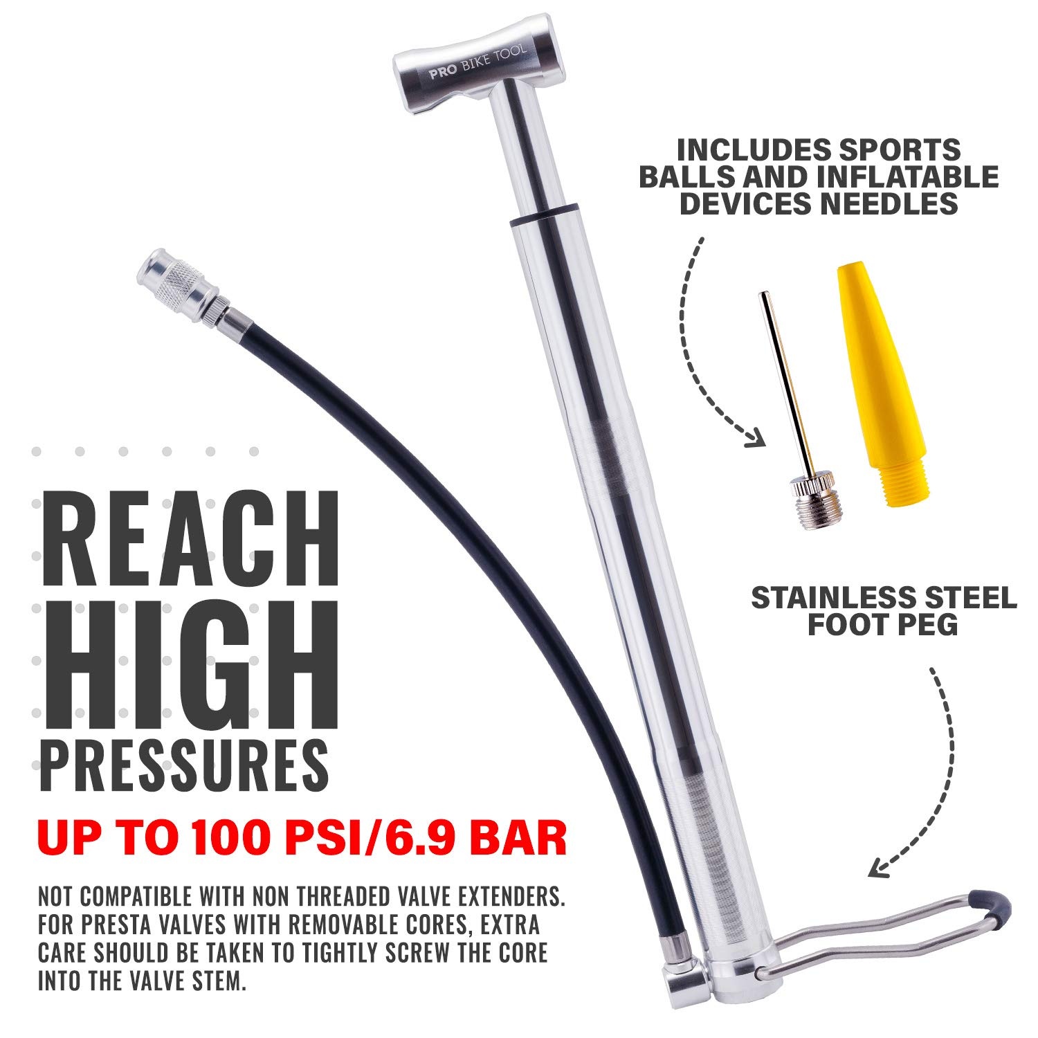 Mini Floor Bike Pump, Super Fast Tire Inflation, Secure Presta and Schrader Valve Connection. High Pressure Bicycle Pump with Stabilizing Foot Peg for Road, Mountain, Touring, Hybrid and Fat Tires