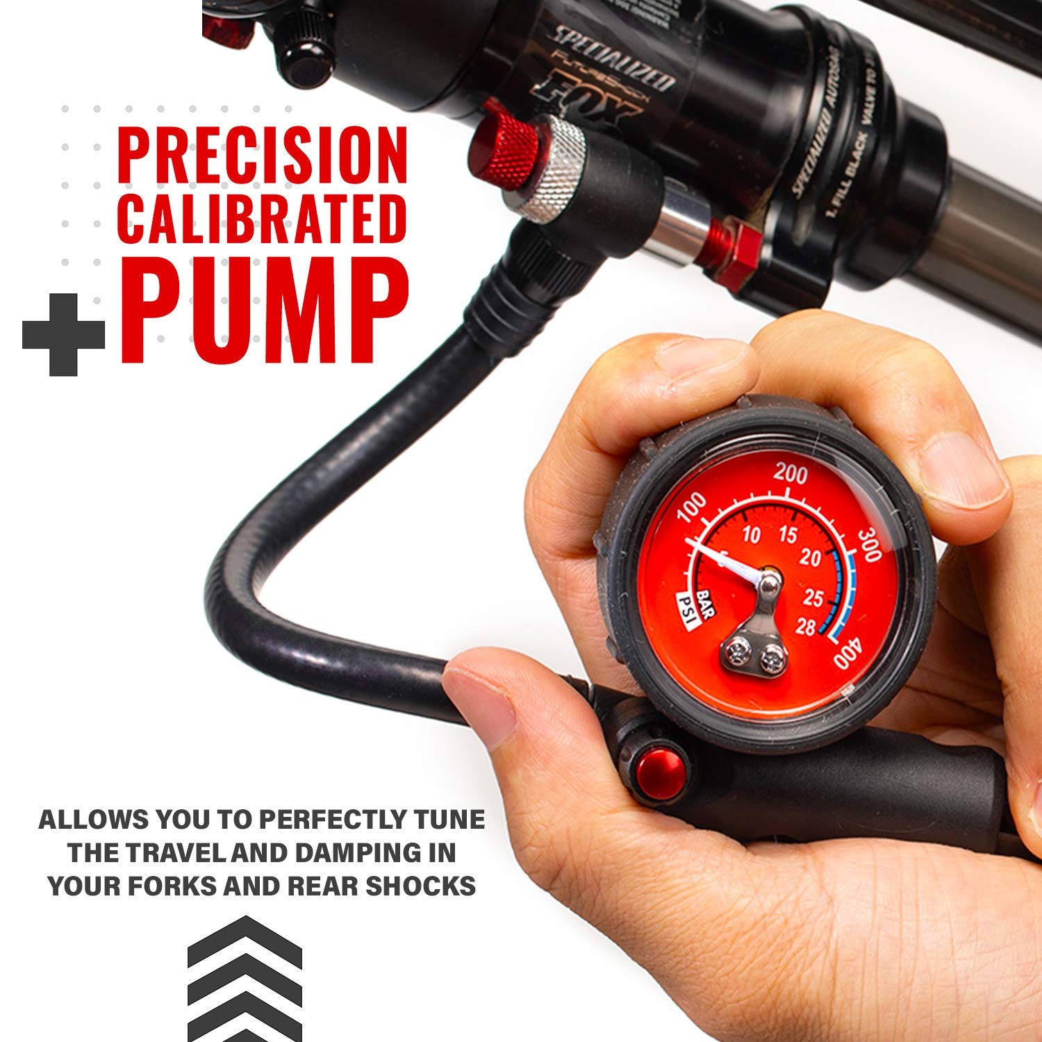 PRO BIKE TOOL Shock Pump for Mountain and Road Bikes – High Pressure 300 PSI Bike Shock Pump – Ideal for Front Fork and Rear Suspension Air Shock – No Leak Valve and T-Handle Design – Industrial Gauge