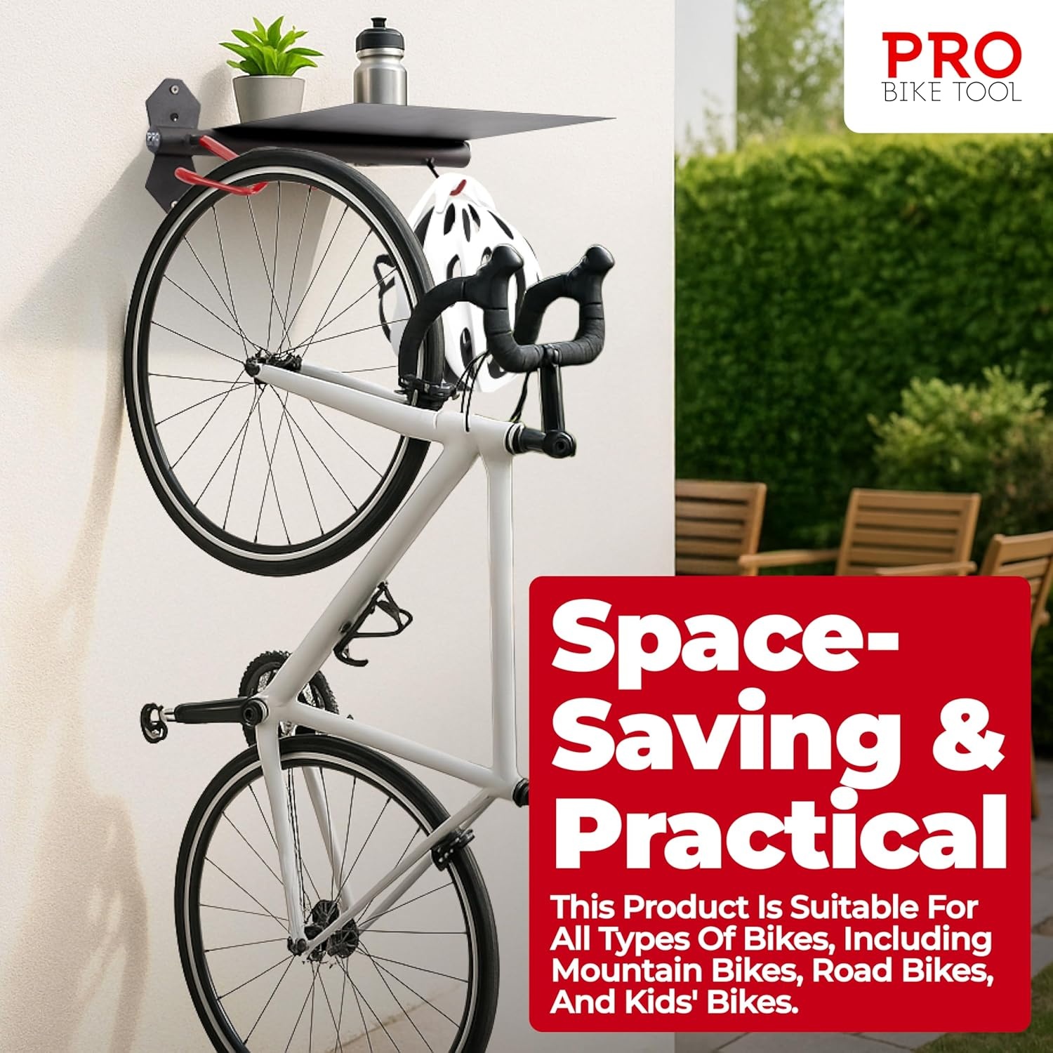 PRO BIKE TOOL Bike Wall Mount with Storage Shelf – Vertical Bike Rack Wall Mount for Garage, Indoor Bicycle Storage Hanger, Space Saving Bike Holder for Road, Mountain & Hybrid Bikes