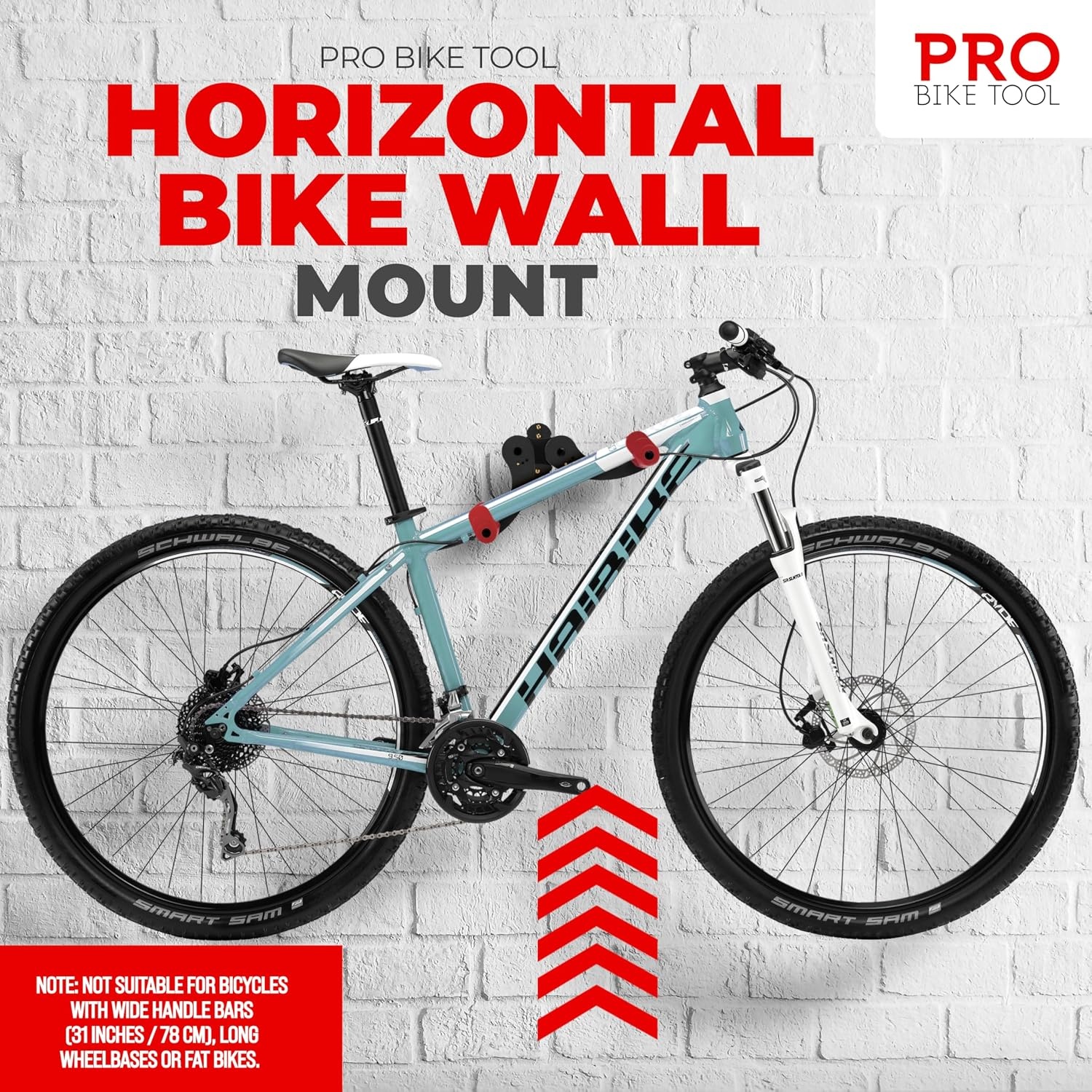 PRO BIKE TOOL Bike Rack for Garage Wall Mount – Horizontal Bike Storage | Fits Road, Mountain & Hybrid Bikes, Adjustable Arms, Rubber Cradles, Space-Saving Design(Red)