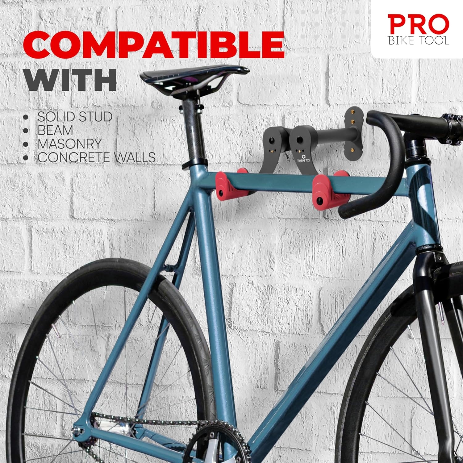PRO BIKE TOOL Bike Rack for Garage Wall Mount – Horizontal Bike Storage | Fits Road, Mountain & Hybrid Bikes, Adjustable Arms, Rubber Cradles, Space-Saving Design(Red)