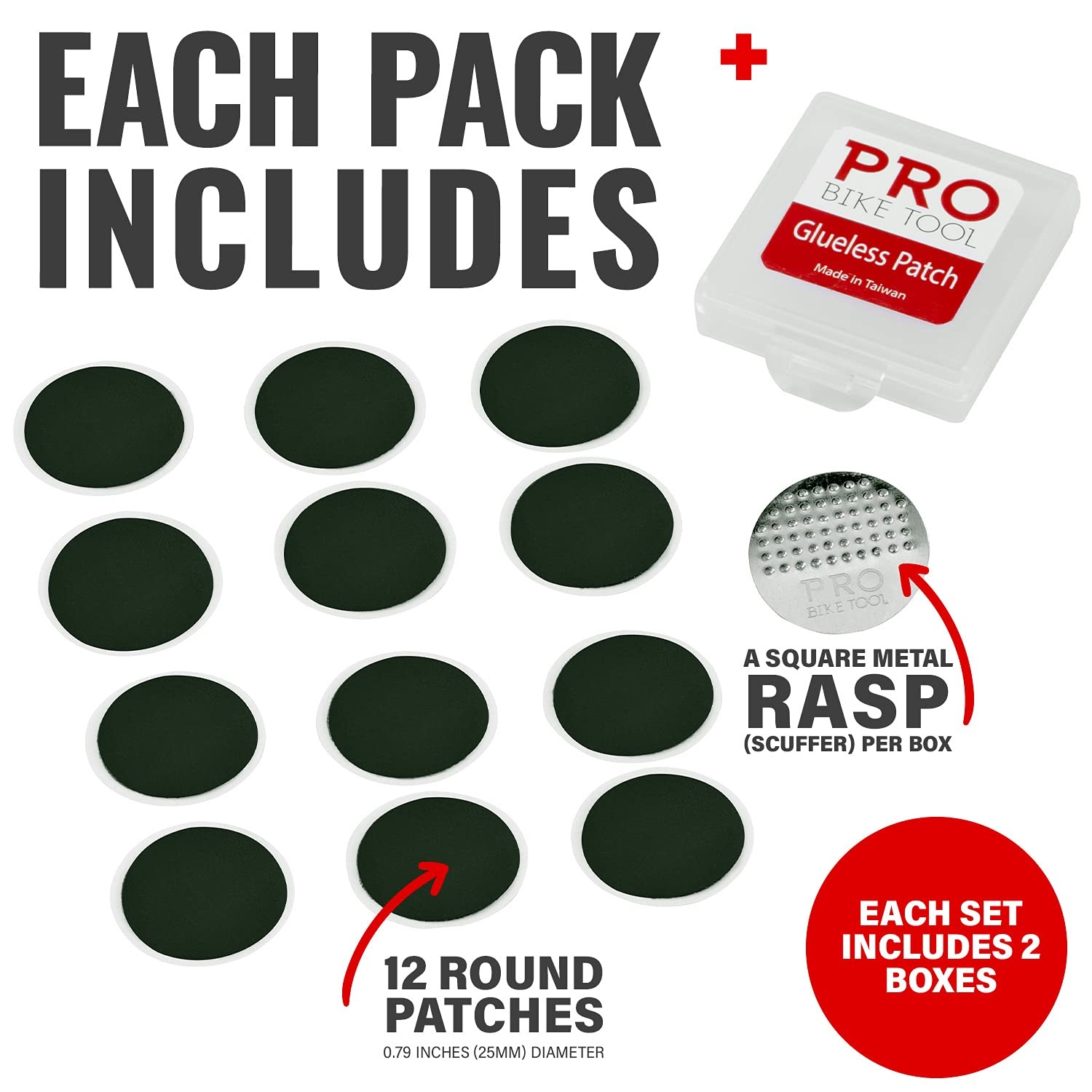 PRO BIKE TOOL Glueless Bike Tire Puncture Repair Patch Kit – 2 Sets Inclus – 24 Patchs Auto-adhésifs Pour la réparation des Chambres à air de vélos – Patches